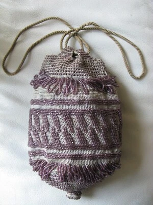 Antique Tan Crochet Lavender Purple Bead Tier Fringe Drawstring Flapper Purse - Image 1 of 4