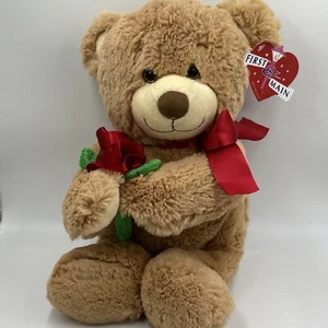 TEDDYBÄR "Gus", hellbraun braun Stofftier Plüsch rote Rose - Bild 1 von 6