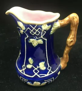 Brocca maiolica blu Sadek blu cobalto marrone foglie di vite deco rosa interno - Foto 1 di 9