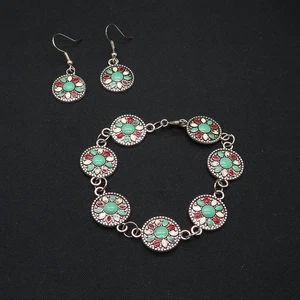 Silberfarbenes Türkis/Rot/Weiß Emaille Gliederarmband und Ohrringe - Bild 1 von 8