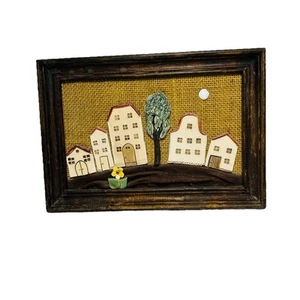 Pottery Houses Town Framed Burlap Wall Hanging Mixed Media 3D Design 6X9 - Picture 1 of 7