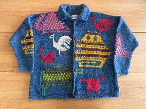 AMANO Rare Hand Knitted Animals Multi Colour Wool Cardigan Sweater L Turtle - Picture 1 of 24
