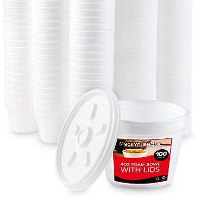100 Count 4 Oz Disposable White Foam Bowls with Vented Lids Made in USA - Image 1 of 4