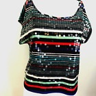 Y2K Top M Party Holiday Embellished Striped Front Scoop Neck Cap Sequins Women