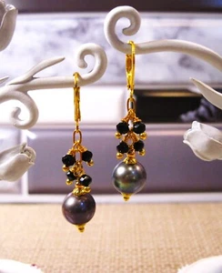 Lovely Gold-Plated Peacock Pearl & Spinel Lever Back Dangle Earrings Lot# 164 S3 - Picture 1 of 2