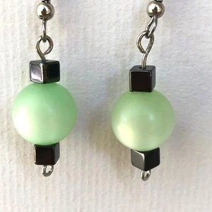 Green and Gray Dangle Statement Earrings Hook Upcycled Faux Pearls Handmade Gift - Picture 1 of 6