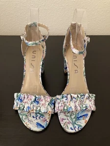 Unisa Undiara White Blue Green Floral Ruffle Ankle Strap Heels Size 6.5 - Picture 1 of 7