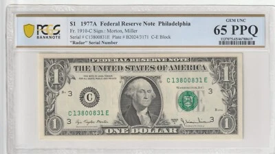 $1 1977A FRN Fr# 1910-C CE Block PCGS UNC 65 PPQ Philadelphia Radar Serial # - Image 1 of 2