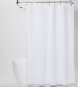 Threshold Diamond Spa Clipped Detailing Cotton Shower Curtain 72x72", White - Picture 1 of 2