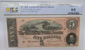 1864 $5 Confederate States of America T-69 PF-8 CR-562 PCGS 64 Choice UNC - Picture 1 of 2