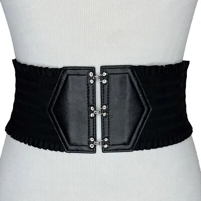 Black Wide Waist Cinch Belt Stretch S M Hook Front Cummerbund Shirred 28”-34” - Image 1 of 4