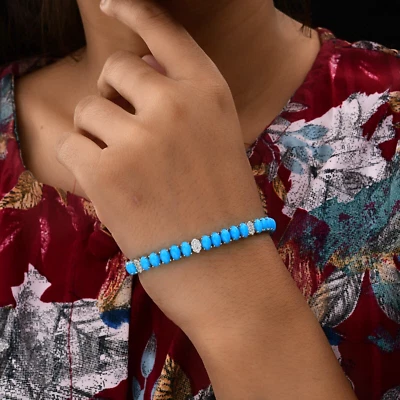 13.60 TCW Natural H/SI Round Diamond Turquoise Oval Bracelet 18k White Gold Gift - Image 1 of 4