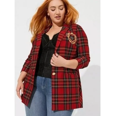Blazer Torrid Betsey Johnson Ponte Longline a Cuadros 4X Rojo Verde Escudo Tartán Foto 1 de 4