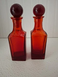 2 Ruby Red Glass Bottles With Glass Ball Stoppers 6 Inches Tall Please Read Desc - Picture 1 of 4