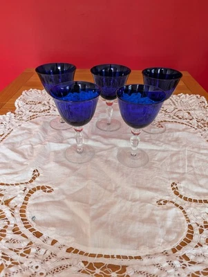 Set of 5 Vintage Hand Blown Cobalt Blue Wine Glasses Artisan Clear Stem Goblets - Image 1 of 4