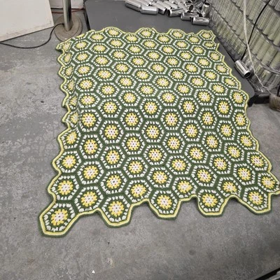 Vintage 3D Crochet Granny Blanket Afghan 36x66” Flowers Full Cottage Green Gold - Image 1 of 4