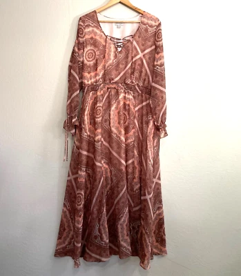 Vestido maxi feminino Belle & Sky tamanho XL manga longa boho camponês cottagecore artístico - Imagem 1 de 4