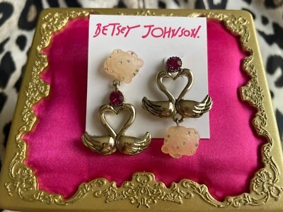 Betsey Johnson Throwback To Vintage Gold Swan Bird Lucite Pink Rose Earrings - Image 1 of 2