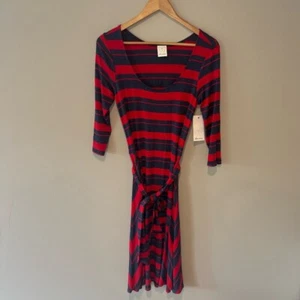 ELLA MOSS Red & Blue Striped Dress w/ 3/4 Sleeves and Tie @ Waist Size Small - Picture 1 of 12