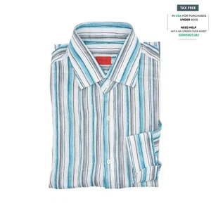 690$ ISAIA NAPOLI Striped White / Blue Hand-Sewn Casual Shirt 100% Linen 17 - 43 - Picture 1 of 2