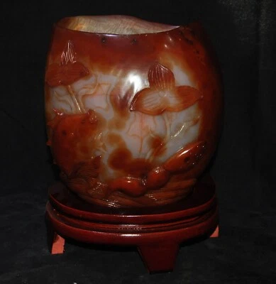 Jarrón lápiz 8,8" China natural ágata tallada fengshui riqueza peces loto cepillo maceta Foto 1 de 4