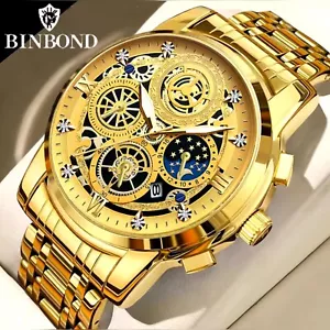 Mens Luxury Quartz Watch Stainless Steel Waterproof Gold Casual Wristwatch Boxed - Picture 1 of 18