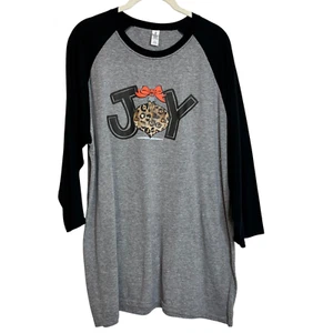 Joy Womens Raglan Christmas Tee Size XL Gray Black Jerzees Longline - Picture 1 of 5