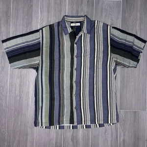 Tommy Bahama Shirt Mens Medium Blue Green Striped 100% Silk Button Up Casual - Picture 1 of 6