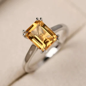 925 Sterling Silver Emerald Cut Natural Citrine Art Deco Engagement Ring For Her - Picture 1 of 5