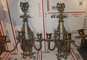 Pair Of Antique Triple Brass Pheasant Head Wall Sconces 18 "x 12.75" x 8.75" VG - Picture 1 of 8