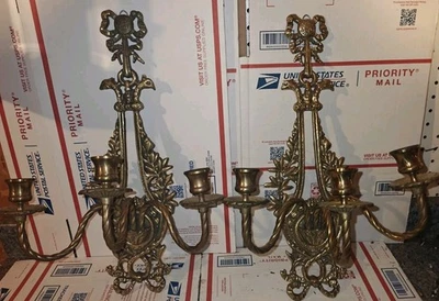 Pair Of Antique Triple Brass Pheasant Head Wall Sconces 18 "x 12.75" x 8.75" VG - Image 1 of 4