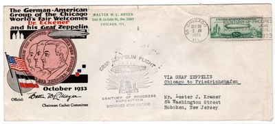 C18 Century of Progress 50c Zeppelin 1933 Flown  Chicago to Germany Meyer Cachet - Image 1 of 3