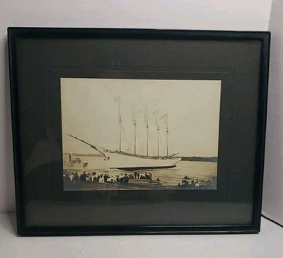 Antigua fotografía de lanzamiento de goleta de 5 mástiles de agosto de 1903 Elizabeth Palmer, baño, ME Foto 1 de 4