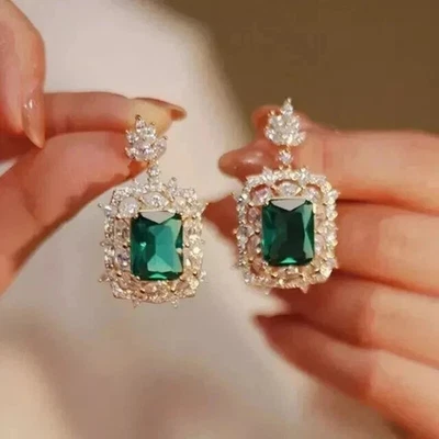 14K Yellow Gold Over 2 CT Lab-Created Green Emerald Halo Drop Dangle Earrings - Image 1 of 4