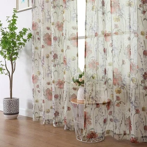 Crushed Semi Sheer Curtains 72 Inches Length 2 Panels, Floral Pattern Design ... - Picture 1 of 8