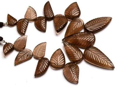 Gemas de cuarzo ahumado natural tamaño 13 a 29 mm cuentas talladas en forma de hoja hilo de 7,5" Foto 1 de 4