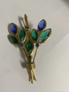 Vintage Green And Blue Flower Brooch Pin - Picture 1 of 2