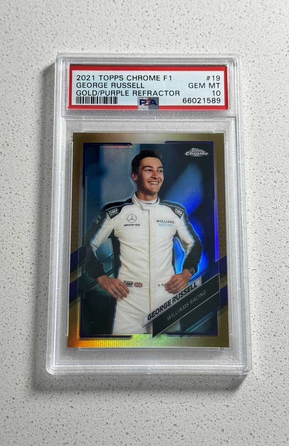 2021 Topps Chrome F1 #19 George Russell GOLD/PURPLE REFRACTOR PSA 10 GEM MINT