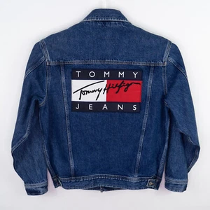 Vintage Tommy Hilfiger Big Patch Flag Dark Wash Denim Jean Jacket Mens Large - Picture 1 of 8