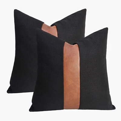 Modern Set of 2 Black Linen Patchwork Faux Leather Throw Pillow Covers 17”X17” - Image 1 of 4