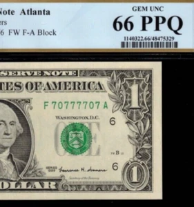 1999 $1 Federal Reserve Note PCGS 66PPQ super radar serial number 70777707 - Picture 1 of 3