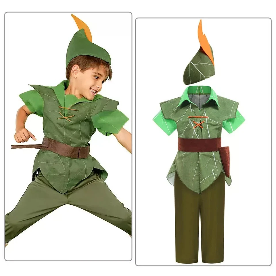 Kids Peter Pan Costume Cosplay Elf Fancy Dress Boys Girls Book Week Party Outfit - Image 1 of 4