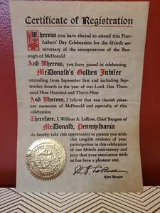 1939 McDonald Pennsylvania Zertifikat 50th Anniversary Golden Jubilee Vintage RAR - Bild 1 von 2