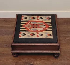 Vintage 1934 Mahogany Folk Art Needlepoint Tapestry Footstool - Picture 1 of 8