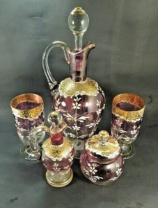 Antique Moser Enameled cranberry Gold Decanters- glasses with/sugar bowl - Picture 1 of 12