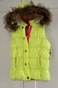 NEW DOUBLE DEER Yellow Puffer Vest W/Faux Fur Hoodie Pockets - Size L (10/12) - Picture 1 of 11