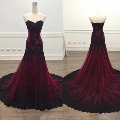 Black Burgundy Gothic Wedding Dresses Vintage Mermaid Sexy Strapless Bridal Gown - Image 1 of 4