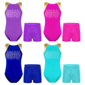 Kids Girls Leotard With Shorts Stage Dance Set Rhinestones Adorned Tracksuit - Picture 1 of 63