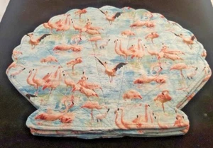 PINK FLAMINGO SET 4 SHELL SHAPED COTTON QUILTED PLACE-MATS REVERSIBLE HANDMADE - Picture 1 of 7