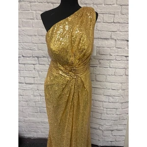 Hebeos One Shoulder Gold Sequin Maxi Dress Thigh Split Evening Prom Gown MED NWT - Picture 1 of 7
